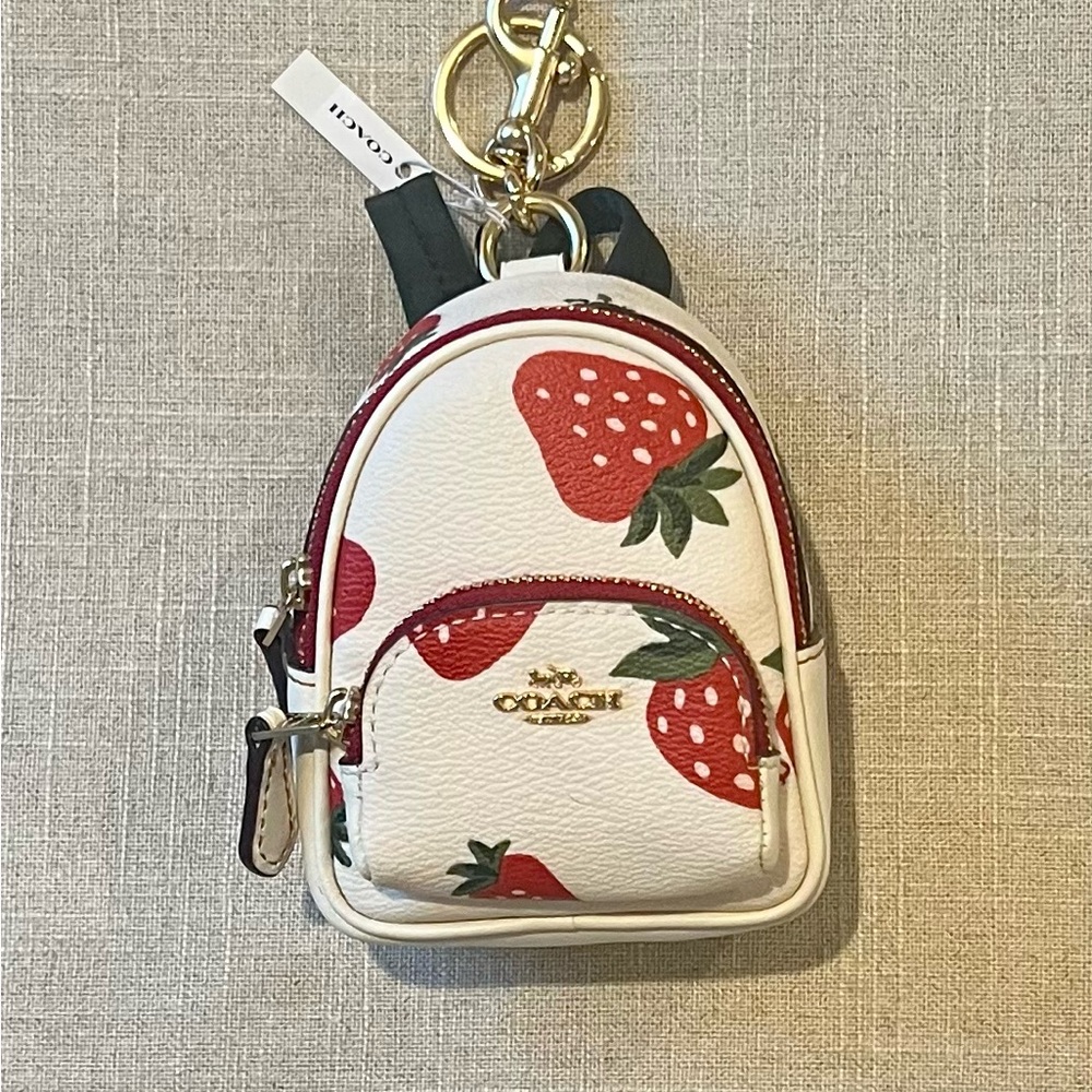 Coach White and Red Strawberry Mini Backpack Keychain NWT